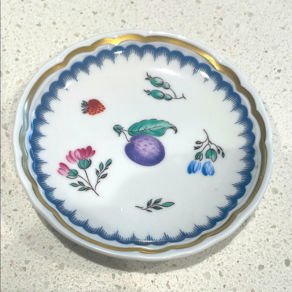 Hand-Painted Ceramic Fruit Motif Dish - White with Blue, Purple & Gold Accents